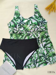 Ebeek - Elegant Plus Size Tankini Set for Women: Tropical Print Round Neck Tank Top and Panty Swimsuit Two Piece Set Sleeveless Green Printed Sets, Green Printed Sleeveless Set, Fitted Green Swimming Sets, Fitted Green Beach Sets, Green Fitted Beachwear Sets, Fitted Green Sets For Beach Season, Green Fitted Sets For Beach Season, Green Stretch Printed Tankini, Swimsuit Two Piece