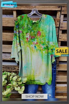 Green Field Ombre/tie-dye Half Sleeve Pastoral T-shirt Casual Crew Neck Hand Dyed Tops, Casual Tie Dye Tops For Spring, Spring Crew Neck Acid Wash Tops, Casual Hand Dyed Crew Neck Tops, Spring Green Washed Tops, Acid Wash Long Sleeve Tops For Summer, Hand Dyed Short Sleeve Tops For Summer, Hand Dyed Cotton Tops For Spring, Hand Dyed Bohemian Tops For Spring