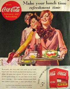 an advertisement for coca cola with two women serving food