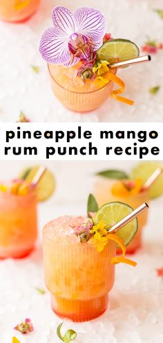 pineapple mango rum punch recipe in small cups with flowers and limes on top