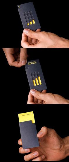 three different images of the same person holding up a business card with yellow and black stripes