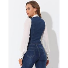 The sleeveless jean vest is an item timeless and on-trend, and it is an excellent slim-fit design to show your attractive and charming figure. The single-breasted denim waistcoat is versatile to match with a simple t-shirt or casual floral dress to build lady chic outfits. Pair it with a basic shirt or casual dress, sports shoes, boots, or sandals. Fitted Sleeveless Denim Top With Buttons, Fitted Chic Denim Vest, Trendy Medium Wash Vest With Buttons, Trendy Blue Denim Vest For Workwear, Chic Fitted Denim Vest With Button Closure, Trendy Denim Work Vest, Chic Fitted Denim Vest, Trendy Denim Workwear Vest, Chic Denim Button-up Vest