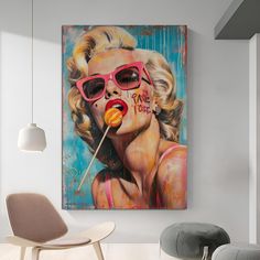 a painting of a woman with pink sunglasses eating an orange lollipop in front of her face