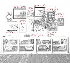 layered gallery wall layout with sizes and measurements Gallery Wall Dimensions, Long Artwork, Picture Gallery Wall