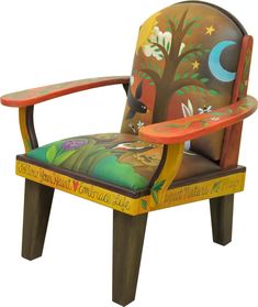 a colorful wooden chair with an animal theme painted on it's back and arms