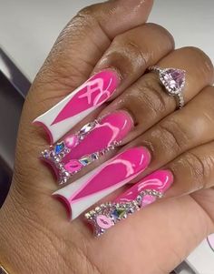 Extra Birthday Nails, Pink Nail Inspo, Fye Nails, Colored Acrylic Nails, Girly Acrylic Nails