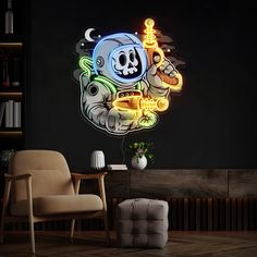 a living room with a chair, table and neon light artwork on the wall above it