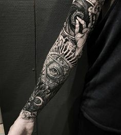 a man's arm with an all seeing eye tattoo on the forearm and hand