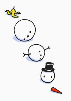 two snowmen with hats, carrots and an banana on a white background are drawn by hand