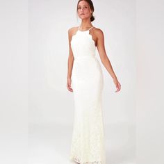 Lulu’s Zenith Cream Lace Halter Wedding Maxi Dress. In Excellent Condition, New With Tags. You've Reached The Pinnacle Of High Society When You Have An Occasion To Wear The Lulus Zenith Cream Lace Maxi Dress! A Darted, Scalloped Bodice Rises To Form A High Neckline With Adjustable Straps That Crisscross At Back. Grosgrain Ribbon Sash Tops A Flaring Mermaid Maxi Skirt. Hidden Back Zipper And Clasp. Fully Lined. Self: 60% Cotton, 40% Nylon. Lining: 100% Polyester. Approx. 59” From Adjustable Strap Elegant White Maxi Dress With Scalloped Lace, Elegant White Maxi Dress With Lace Bodice, Elegant White Scalloped Lace Maxi Dress, White Lace Back Dress For Bridesmaids, White Lace Back Bridesmaid Dress, Bridesmaid Maxi Dress With Scalloped Lace, White Maxi Dress With Scalloped Lace For Evening, White Scalloped Lace Maxi Dress For Evening, White Lace Back Dress For Formal Occasions