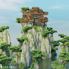 an artistic rendering of a chinese temple on top of a rock outcropping