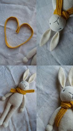 two knitted stuffed animals laying next to each other on top of a white sheet