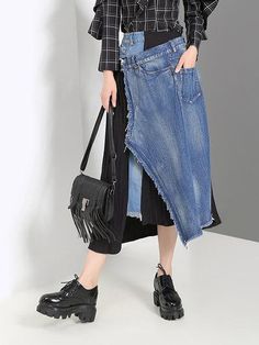 Original Empire Split-Joint Skirt - rrdeye Jean Skirt Fashion, Patchwork Denim Skirt, Blue Plaid Dress, Body Skirt, Stella Marina, Cheap Skirts, Bohemian Maxi, High Waist Denim, Denim Skirt Women