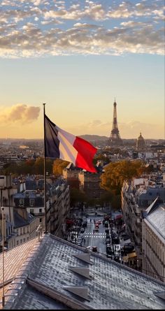 the eiffel tower is in the distance, and it's red white and blue