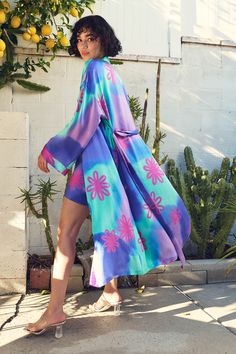 Tie-Dye Silk Robes for Women & Men | ROY G. Summer Kimono Sleeve Sleepwear, Summer Sleepwear With Kimono Sleeves, Summer Sleepwear With Kimono Sleeves For Loungewear, Flowy Sleepwear For Spring Vacation, Flowy Spring Sleepwear For Vacation, Long Sleeve Spring Kimono For Lounging, Long Summer Robe For Lounging, Long Summer Lounging Robe, Blue Spring Robe For Loungewear