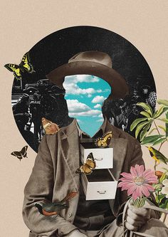 a collage of a man holding a box with flowers and butterflies around him, in front of a circular background