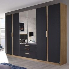 an image of a bedroom setting with closets and mirrors on the wall in it