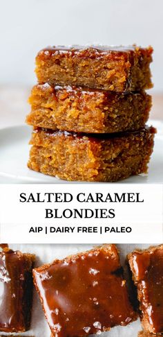 salted caramel blondies are stacked on top of each other with text overlay