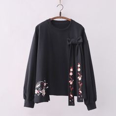 Bunny Floral Embroidery Bow Round Collar Sweatshirt Black Embroidered T-shirt For Fall, Long Sleeve Cotton Embroidered Top, Black Tops With Embroidered Graphics For Fall, Black Embroidered Crew Neck Top, Black Embroidered Tops For Fall, Black Embroidered Sweater For Spring, Casual Embroidered Long Sleeve Tops, Winter Black Embroidered Tops, Black Embroidered Cotton Sweater