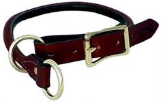 a brown leather dog collar with two brass rings