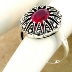 Vintage Estate 1.5 Carat Lab Created Ruby Filigree Ring. 925 Solid Sterling Silver. Stamped 925. Excellent Condition/Like New. Luxury Sterling Silver Ruby Ring With Accent Stones, Luxury Collectible Sterling Silver Ruby Ring, Luxury Unique Sterling Silver Ruby Ring, Luxury Unique Ruby Ring In Sterling Silver, Luxury Sterling Silver Ruby Ring For Women, Luxury Ruby Ring Stamped 925, Luxury Sterling Silver Ruby Ring With Round Cut, Luxury Ruby Ring Stamped 925 As A Gift, Luxury Stamped 925 Ruby Rings