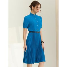 The short-sleeved belt-waisted dress highlights your pretty waist and shows your feminine charm. This pleated midi dress is suitable for spring, summer, and fall, and also for occasions like working in an office or campus, conferences, and ceremony events, such as graduations, parties, weddings, vacations, church, etc. This casual belted shirt dress can be well paired with plimsolls as part of a stylish weekend look. A Line Midi Dress, Stand Neck, Ballet Dress, Belted Shirt Dress, Pleated Midi Dress, Women Midi, Elastic Waist Shorts, Womens Clothing Sizes, Pleated Dress