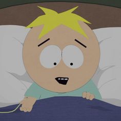 a cartoon character laying in bed with his head on the pillow