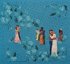 this is an image of some people on a blue background with white flowers and leaves