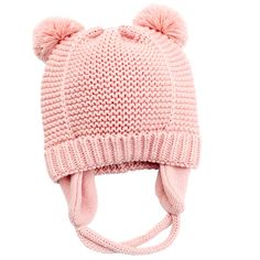 a pink hat with two pompoms on it