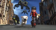 an animated image of a boy riding a bike next to a dog on a city street