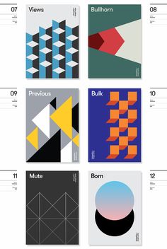 six posters with different geometric shapes and numbers on the front, one in blue, one in