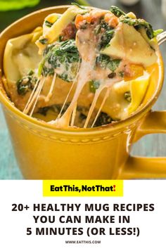 a yellow cup filled with pasta and spinach