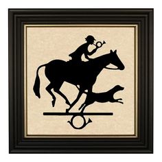 a horse and jockey silhouetted in black against a white background with a gold border