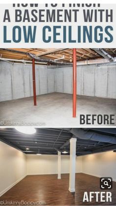 the before and after pictures of an unfinished basement with low ceilings, no insulations