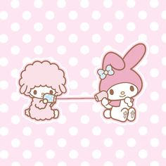 hello kitty wallpaper with a pink bunny holding a teddy bear's hand while another one holds on to the string