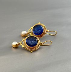 Intaglio Earrings, Small Blue Crystal Earrings, Antique Jewelry, Gold Earrings, Antique Jewelry, Statement Earrings, Art Nouveau Earrings - Etsy Vintage Gold Gemstone Earrings, Antique Gemstone Earrings For Wedding, Byzantine Brass Earrings For Formal Occasions, Antique Blue Jewelry With Intricate Design, Antique Wedding Cabochon Earrings, Antique Round Cabochon Earrings, Antique Gemstone Drop Earrings, Formal Byzantine Style Brass Earrings, Antique Jewelry Gold