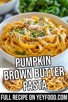 pumpkin brown butter pasta in a white bowl