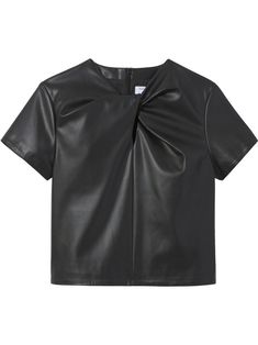 black faux leather round neck twist detailing short sleeves concealed rear zip fastening straight hem Faux Leather Top, Leather Shorts, White Label, Proenza Schouler, Black Faux Leather, Leather Top, Short Sleeves Tops, Fashion Branding, Dresses For Work