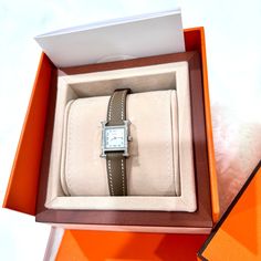 Brand New Hermes Watch, Come With Warranty Card And Everything In The Picture. Timeless Silver Watch Accessories With Original Box, Designer Watches With Leather Strap As Gift, Designer Watches With Palladium Hardware Gift, Luxury Silver Watch Accessories With Original Box, Hermes Watch Women, Red Lizard, Hermes Leather, Gray Quartz, Analog Watches