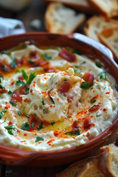 a red bowl filled with food next to slices of bread