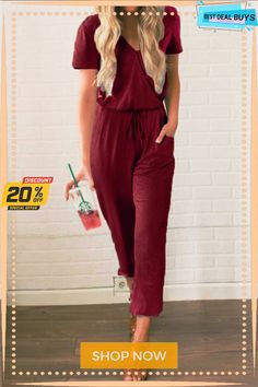 Lace-up V-neck Short-sleeved Slim Women's Jumpsuit Casual V-neck Jumpsuits And Rompers In Solid Color, Casual V-neck Stretch Jumpsuits And Rompers, Casual Short Sleeve Solid Color Jumpsuits And Rompers, Casual Short-sleeved Solid Color Jumpsuits And Rompers, Casual Red V-neck Jumpsuits And Rompers, Casual Non-stretch V-neck Jumpsuits And Rompers, Casual Red V-neck Jumpsuit, Fall V-neck Jumpsuits And Rompers For Day Out, Trendy Short Sleeve Jumpsuits And Rompers For Fall