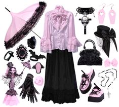 Pink Black Goth Aesthetic, Babydoll Goth Aesthetic, Pink Witchy Outfits, Goth Pastel Aesthetic, Goth Pink Outfit, Pastel Goth Aesthetic Art, Pink Vampire Outfit, Pink Gothic Outfits, Pink Trad Goth