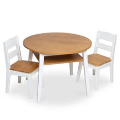 a wooden table with two chairs next to it