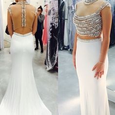 mermaid prom dresses 2 piece with rhinestones Formal Dress Sparkly, White Prom Dress Mermaid, Prom Dresses High Neck, Mermaid Cocktail, Prom Dresses White, Crystal Prom Dress, Two Piece Prom Dresses, Dresses High Neck, High Neck Prom Dress