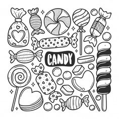 a black and white drawing of candy with the word candy surrounded by other candies