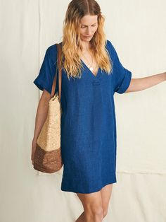 Sanibel Basketweave Dress - Indigo | Faherty Brand Womens Packing List, Faherty Brand, Tank Jumpsuit, Blue Dress Women, Swim Pants, Linen Style, Linen Shop, Dress Shirts For Women, Sweater Sale