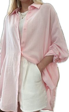 Pink Button-up Blouse For Loungewear, Pink Loose Feminine Top, Oversized Feminine Pink Top, Pink Buttoned Beach Blouse, Pink Blouse With Buttons For The Beach, Oversized Long Sleeve Pink Blouse, Casual Oversized Pink Blouse, Oversized Pink Casual Blouse, Oversized Casual Pink Blouse