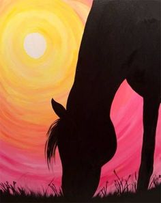 a painting of a horse eating grass at sunset