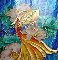 a colorful glass painting with flowers and fish on it's side, in the shape of a flower