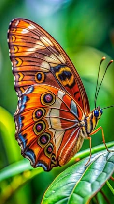 a butterfly sitting on top of a green leaf